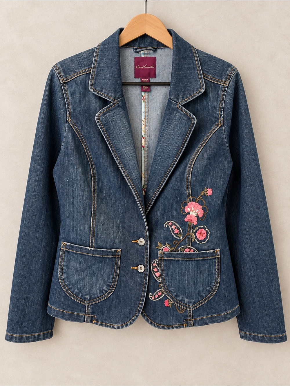VTG Y2K Gloria Vanderbilt Floral Embroidered Denim Blazer Jacket XL Butter Mom